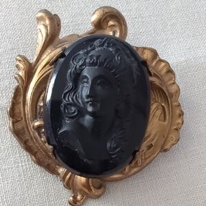 Victorian Style Gold and Black Cameo Mourning Brooch